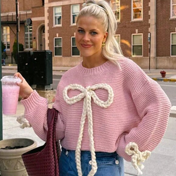 Pink Casual Women's Round Neck Bow Design Long-Sleeved Knit Sweater - Picture 1 of 10